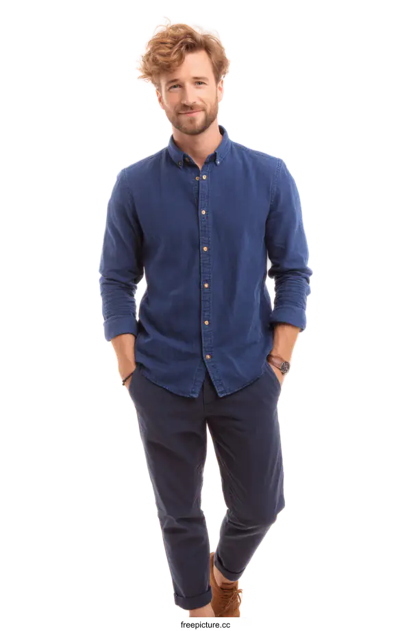 [Transparent Background PNG]Portrait of a Caucasian Man in a Denim Shirt and Trousers