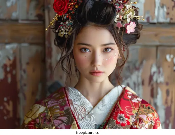 Portrait of a young Japanese woman in traditional kimono