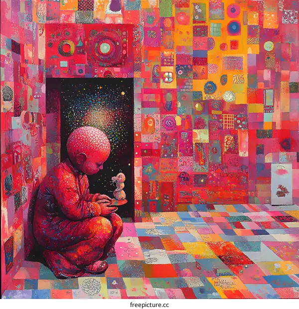 Surreal Art Painting of Child and Animal with Colorful Pattern Background