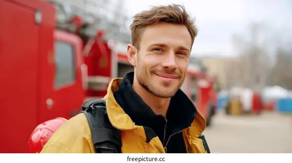 Firefighter Portrait Outdoors Near Red Truck