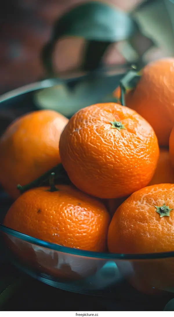 Fresh Oranges in a Glass Bowl