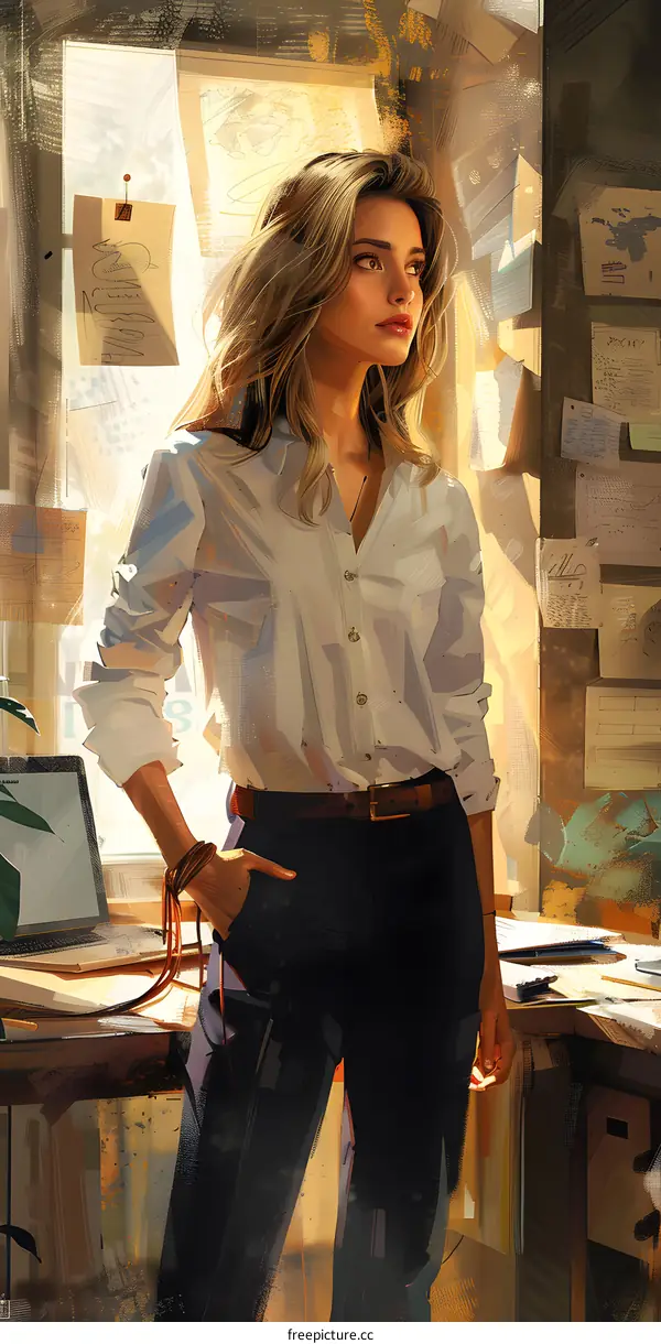 Woman Standing by Desk in Sunlight