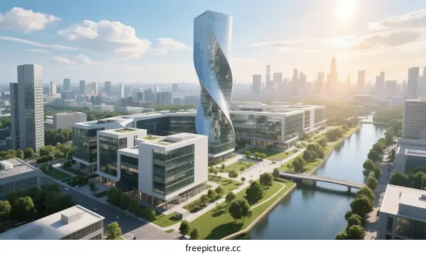 Modern Urban Architectural Complex with Twisted Skyscraper and River