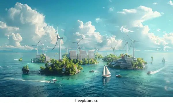 A collection of homes and wind turbines in the middle of the ocean.
