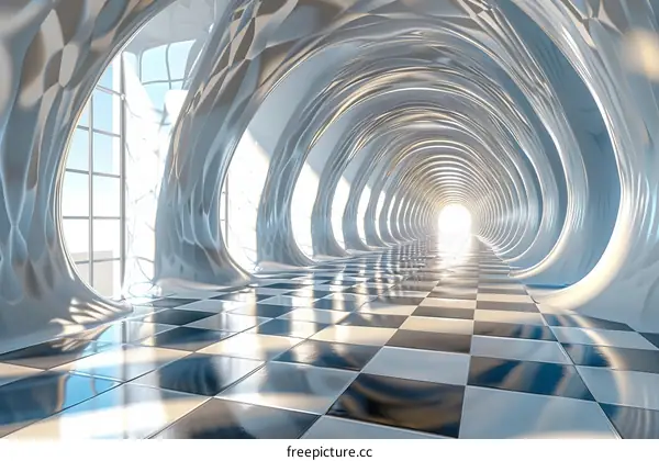 Futuristic Tunnel with Checkered Floor and Glowing Light