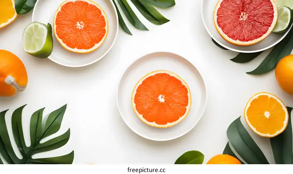 Citrus Fruit Flat Lay with Tropical Leaves