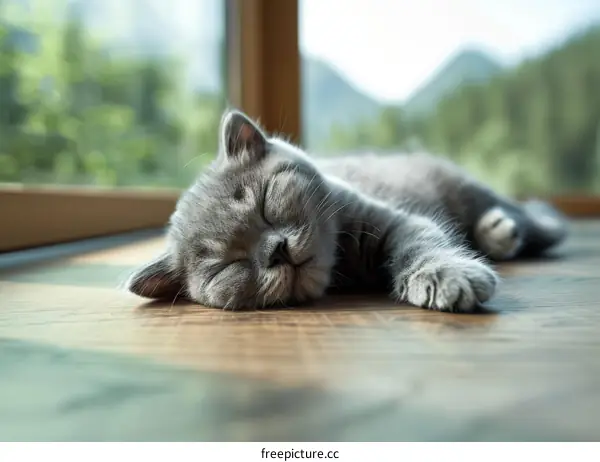 Adorable Gray Kitten Napping on Wooden Floor in Living Room