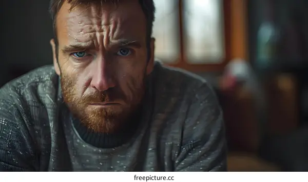 Portrait of a serious man with a beard and blue eyes