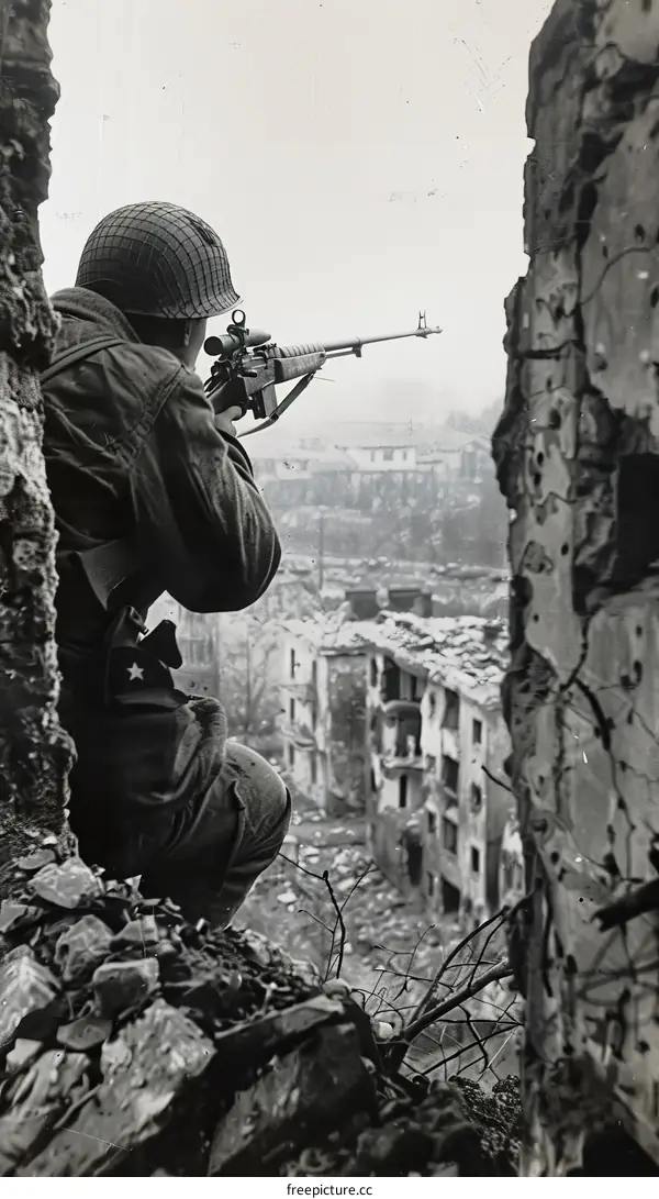 A soldier aiming a rifle from a ruined building during the Battle of Stalingrad