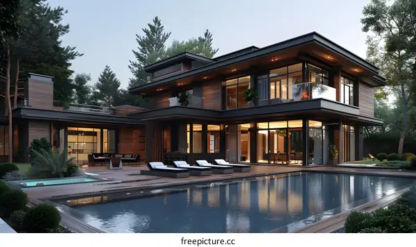 Modern House with Swimming Pool and Surrounding Forest