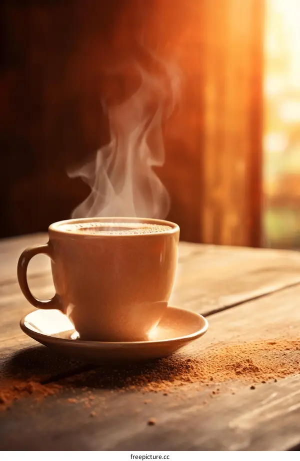 Close-up of a ceramic cup of hot coffee on a wooden table with a warm sunlight in the background