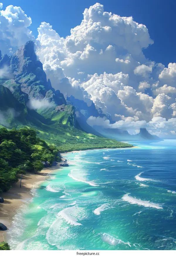 Serene Beachscape with Majestic Mountains and Clouds