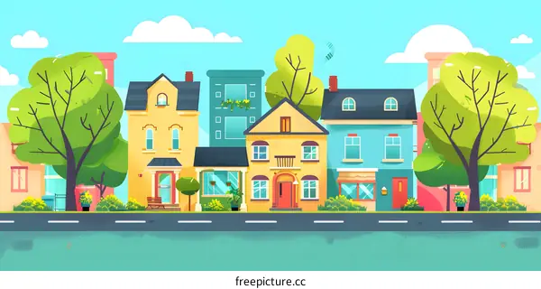 Colorful Cartoon Illustration of Suburban Homes