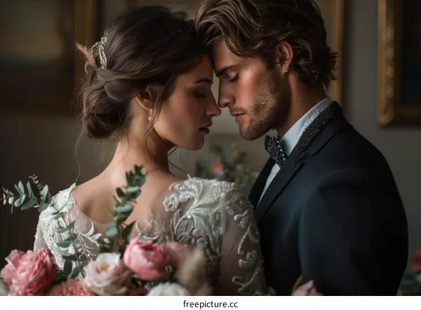 Romantic Couple Portrait with Bride Holding Flowers