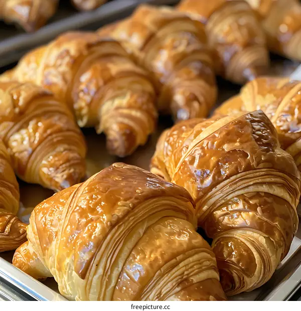 Freshly Baked Golden Brown Croissants on a Baking Tray