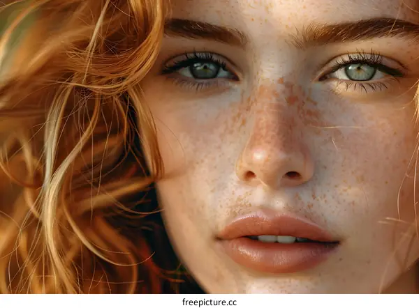 Close-up portrait of a beautiful redheaded woman with freckles