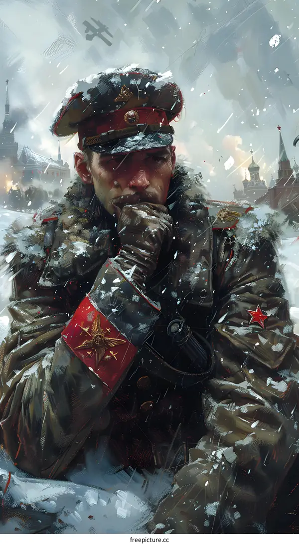 A soldier in a fur coat and hat is sitting in the snow, with a pensive expression on his face. In the background, there is a ruined city.