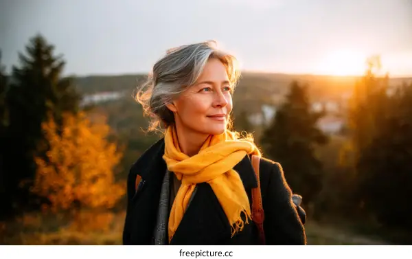 Thoughtful Senior Woman Outdoors at Sunset