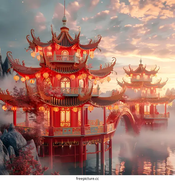 Red pavilions in the mist