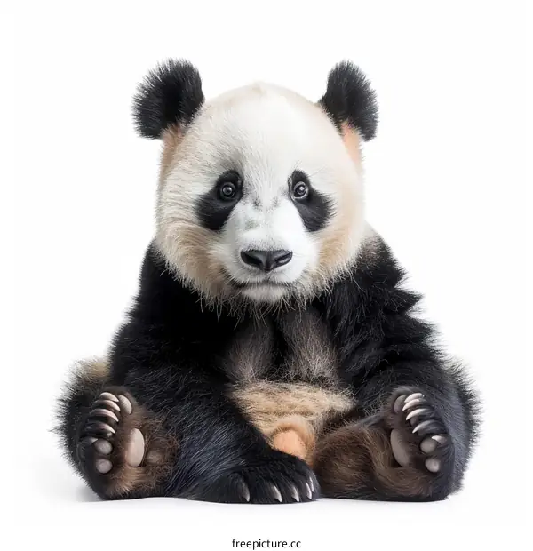 A cute baby panda is sitting on the ground