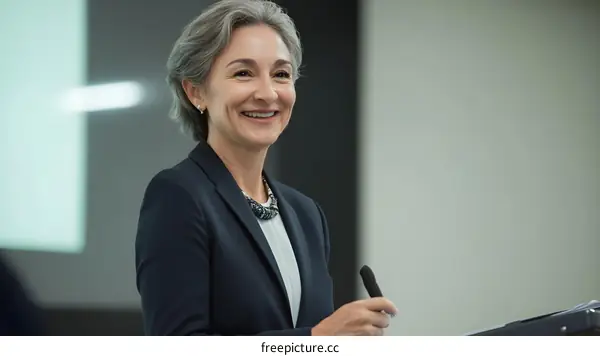Smiling Businesswoman Speaking at Conference