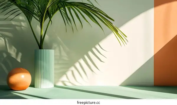 Minimalist Green and Orange Wall with Palm Leaf and Sphere