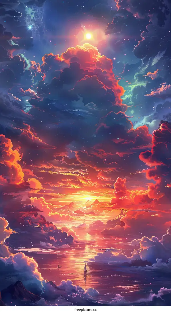 Fantasy Sailboat at Sunset Over the Ocean