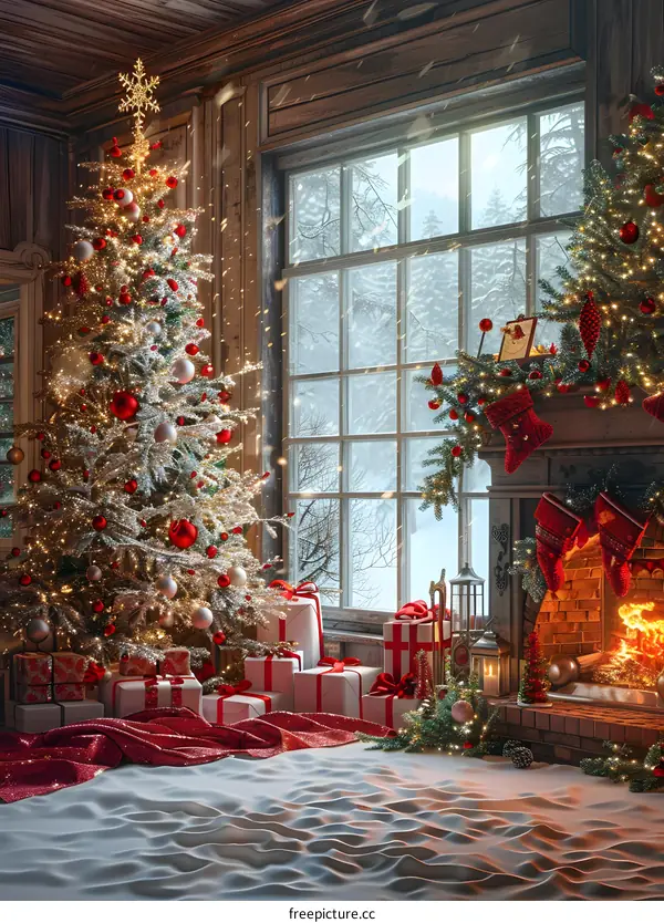 Christmas tree by the fireplace