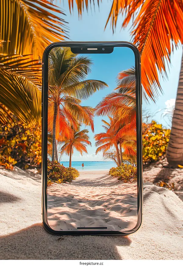 Beach View On Phone Screen Tropical Vacation