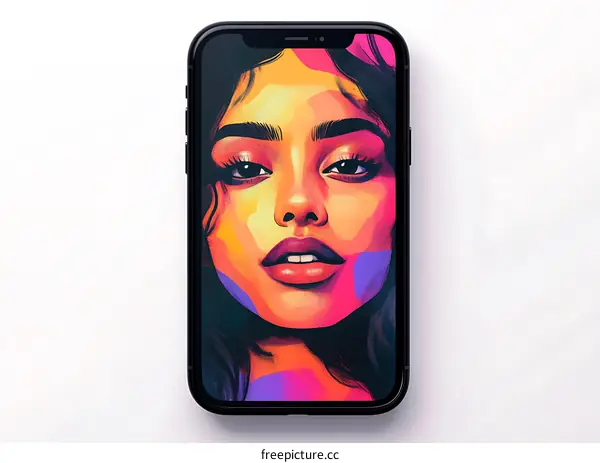 Colorful Digital Portrait of a Woman on a Smartphone