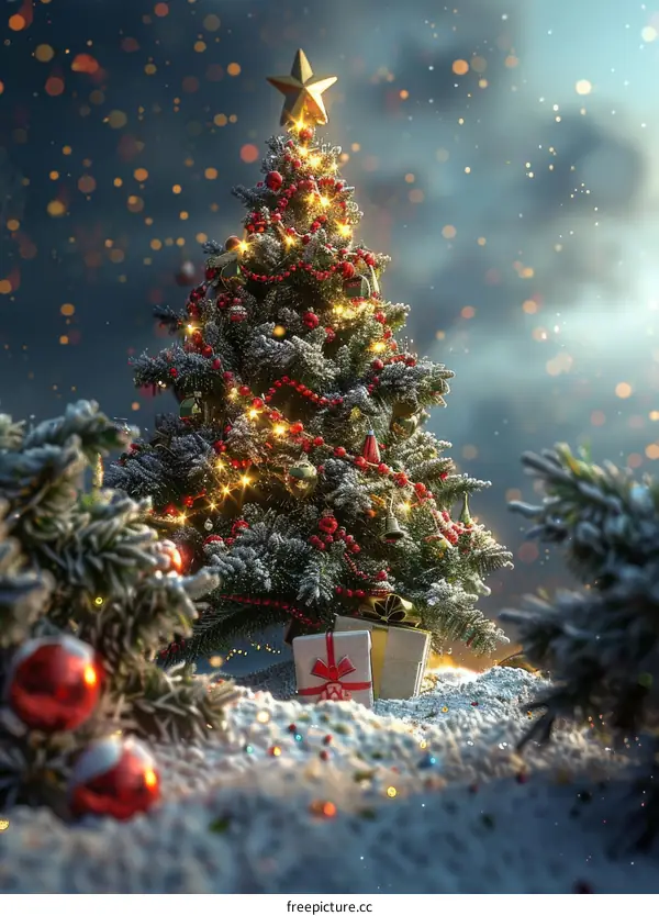 Christmas Tree with Multicolored Christmas Lights and Decorations