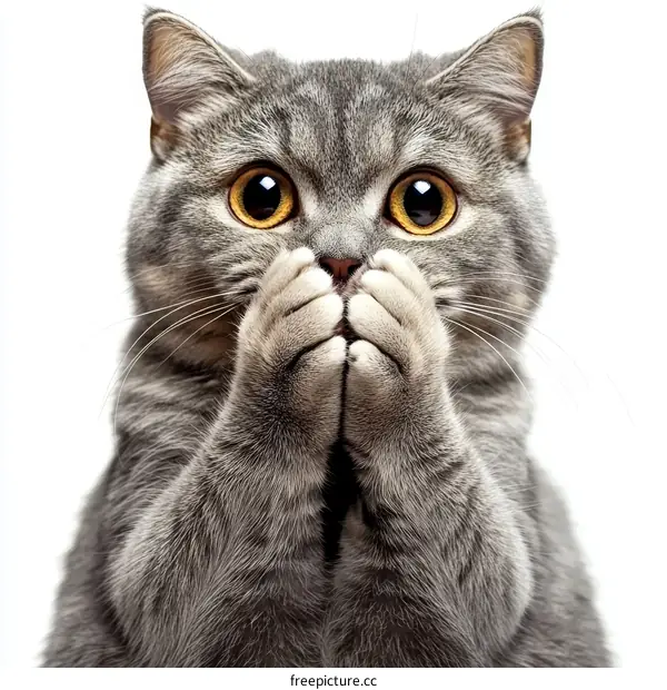 Cute Gray Cat with Hands Covering its Mouth