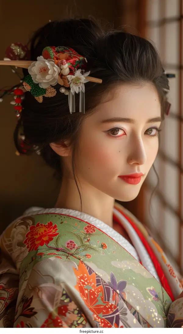 Portrait of a beautiful Japanese woman in traditional kimono