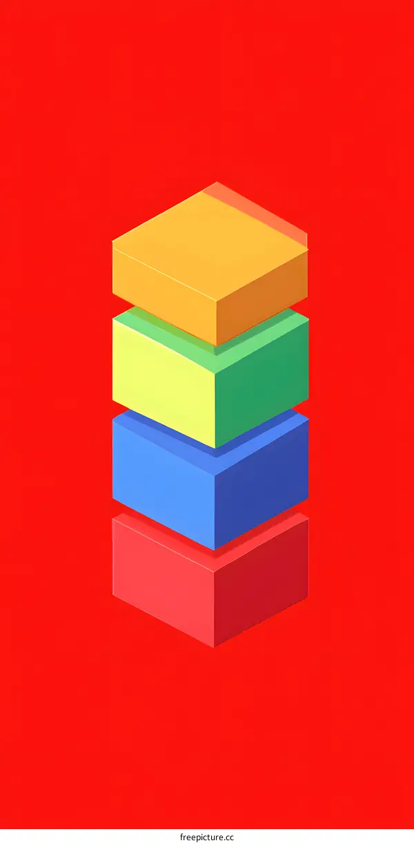 Abstract Colorful Isometric Stacked Cubes on Red Background