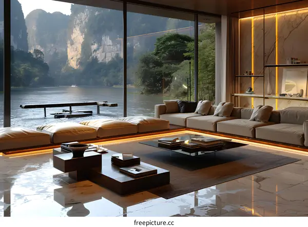 Modern living room with lake view