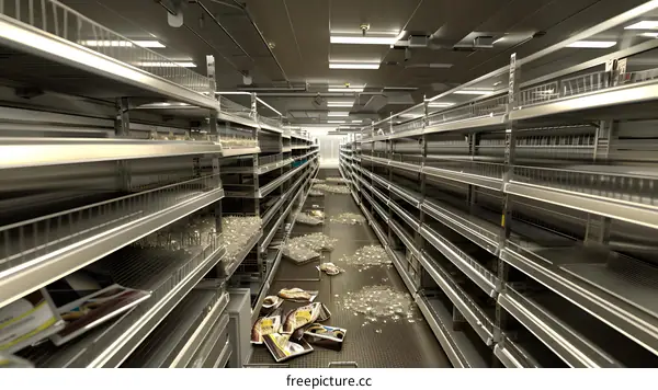 Empty Supermarket Shelves with Fallen Products on the Floor