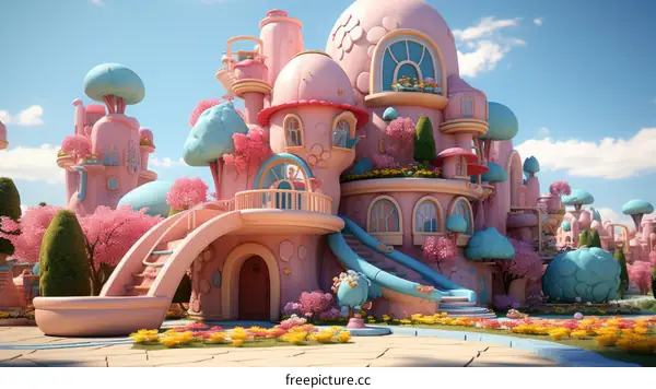A pink and blue cartoon house with a slide and a garden