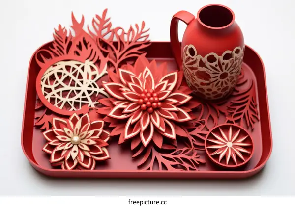 Red decorative objects on a red tray