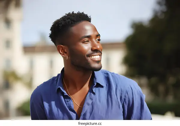 Smiling Man Outdoors in Blue Shirt