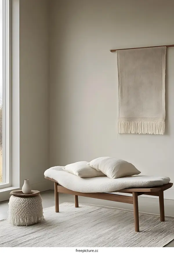 Minimalist Home Decor with White Bench and Rug