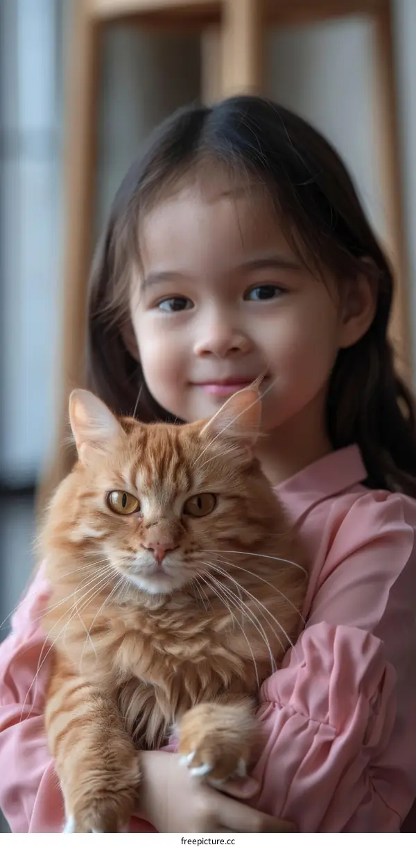 An adorable little Asian girl hugging her fluffy orange cat