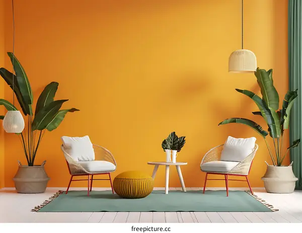 Minimalist Living Room Interior Design with Orange Wall and Rattan Chairs