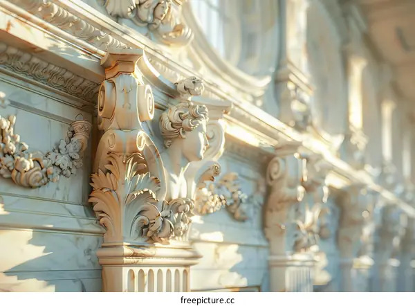 White Marble Relief with Ionic Pilasters and Scrollwork