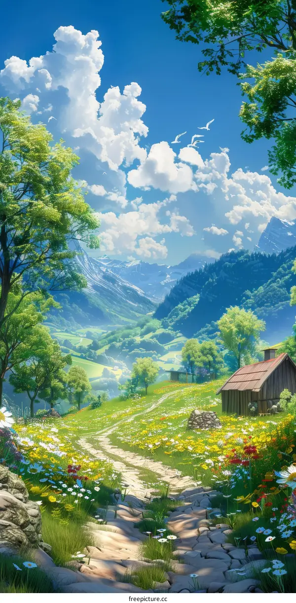 Picturesque Path Leads to a Cottage in the Valley