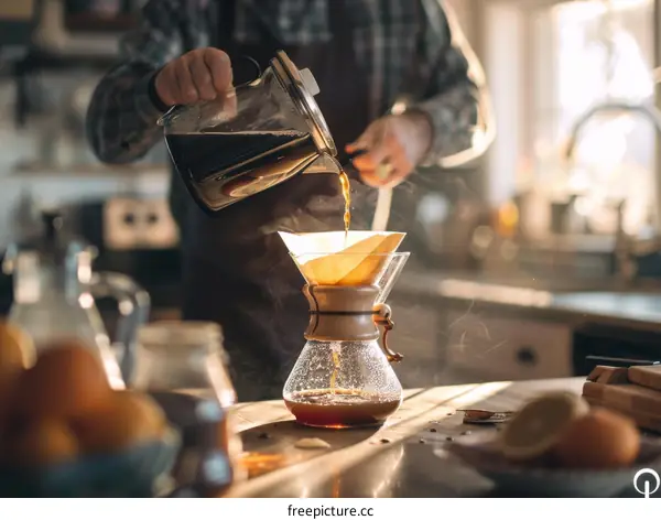 Man in apron pouring hot water from kettle into coffee filter