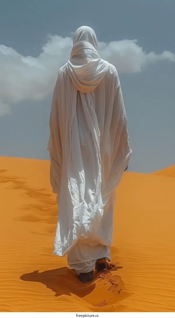 Man in white robe walking in desert