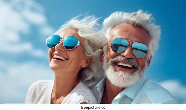 Happy elderly couple laughing together
