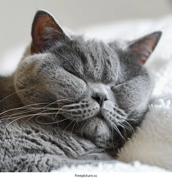 A gray cat is sleeping on a white blanket