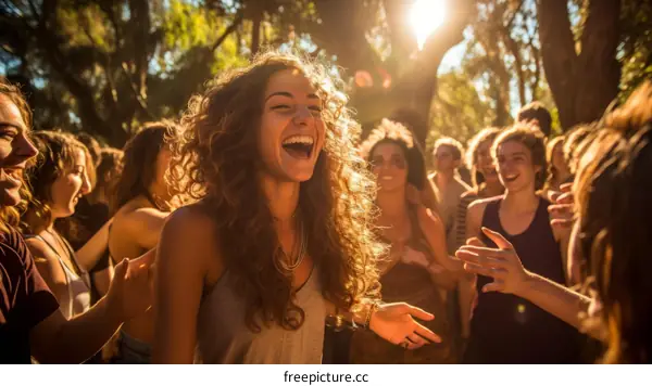Laughing woman with friends in the woods