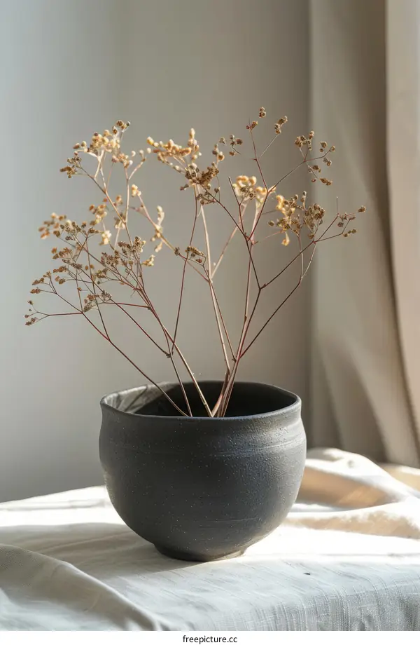 Dried bouquet in a ceramic vase on a linen tablecloth